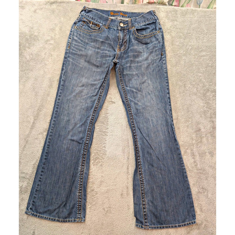 GUESS Womens Blue Medium Wash Denim Bootcut Jeans Mid Rise Logo Pockets